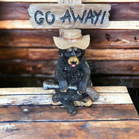 Grumpy Bear Figurine holding a gun wearing a hat under a GO AWAY sign - Picture 2 of 6